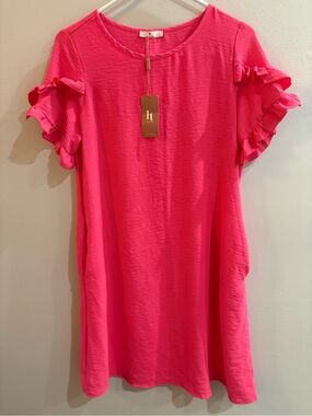 Hot Pink Ruffle Sleeve Shift Dress